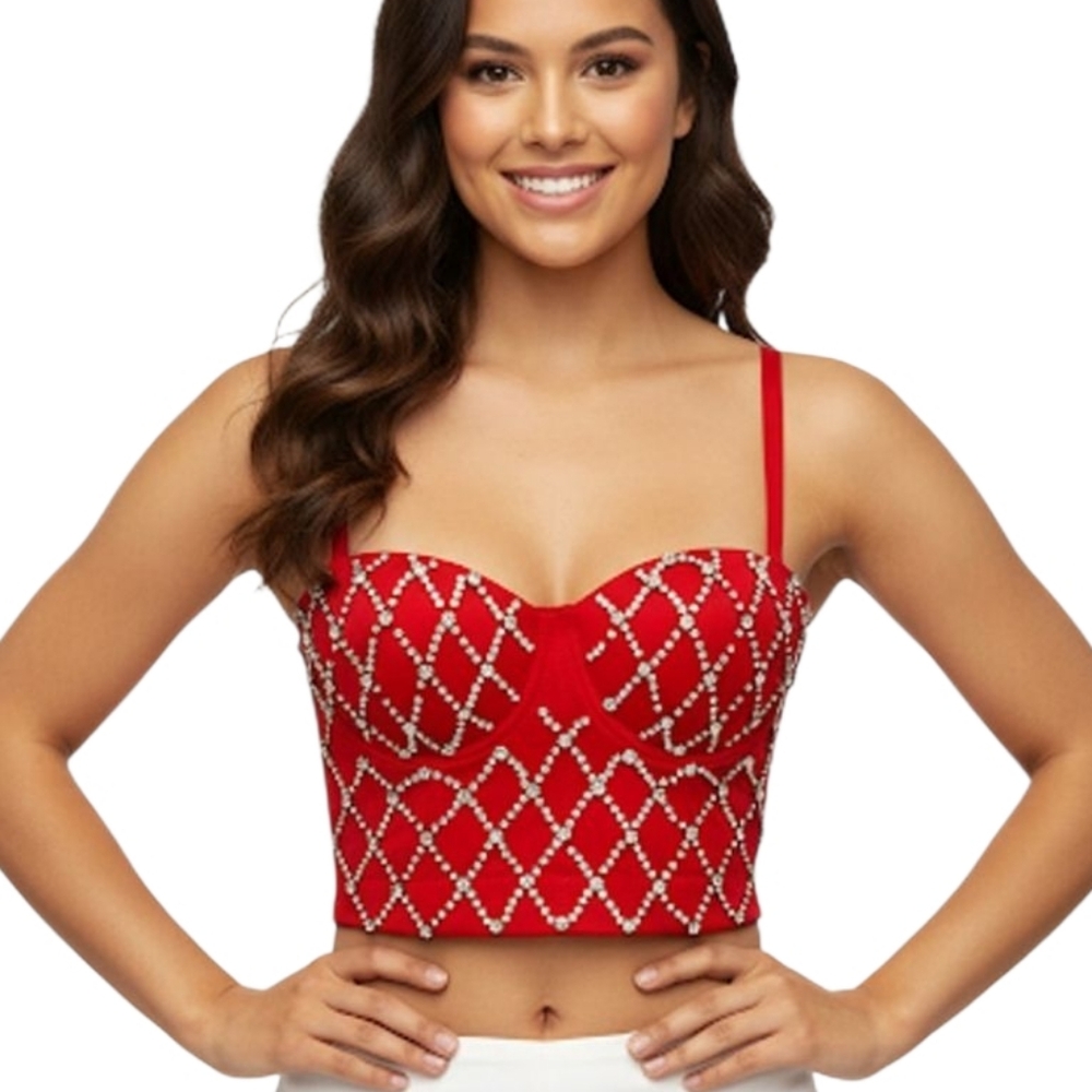 Nwot The SANG Red Rhinestone Padded Corset Bra Crop Top